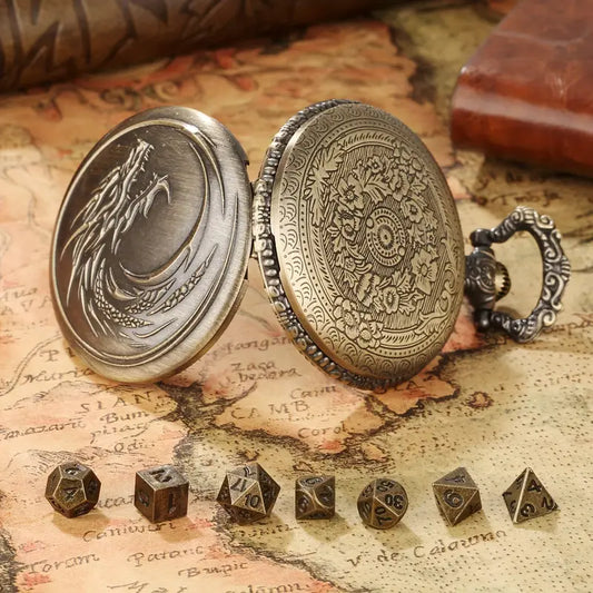 Dragon Head Design Vintage Pocket Watch Case with 7 Polyhedral Metal D&D Dice Set